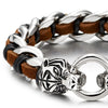 Stainless Steel Mens Tiger Head Curb Chain Bracelet Interwoven with Brown Black Leather - COOLSTEELANDBEYOND Jewelry