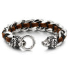 Stainless Steel Mens Tiger Head Curb Chain Bracelet Interwoven with Brown Black Leather - COOLSTEELANDBEYOND Jewelry