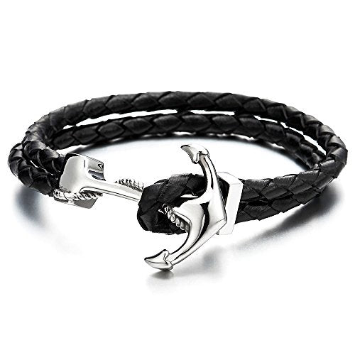 COOLSTEELANDBEYOND Stainless Steel Mens Women Marine Anchor Bangle Bracelet Genuine Black Braided Leather Wristband - coolsteelandbeyond