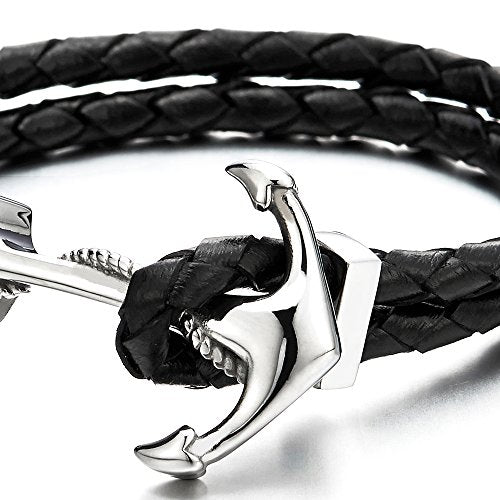 COOLSTEELANDBEYOND Stainless Steel Mens Women Marine Anchor Bangle Bracelet Genuine Black Braided Leather Wristband - coolsteelandbeyond