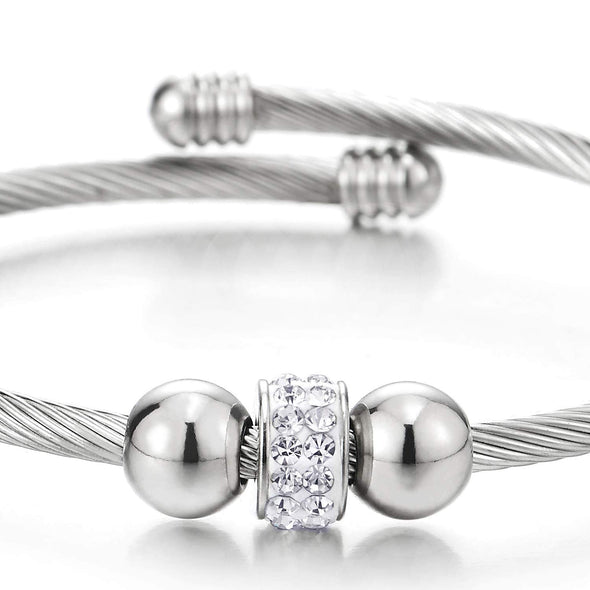 Steel Cubic Zirconia Circle Charm and Beads Twisted Cable Bangle Cuff Bracelet for Women, Adjustable - coolsteelandbeyond
