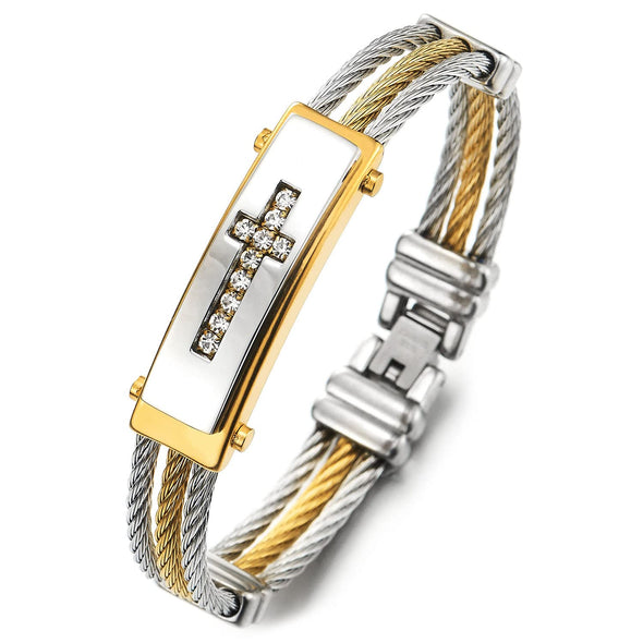 Steel Cubic Zirconia Cross ID Identification Three-Row s Bangle Bracelet, Silver Gold