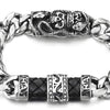 Steel Curb Chain Bracelet, Tribal Tattoo ID with CZ and Black Leather, Cobra Snake Crown Skull Clasp - coolsteelandbeyond
