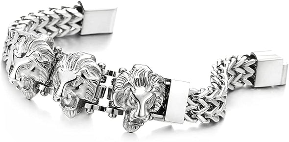 Steel Double Square Franco Link Bike Chain Three Lion Heads Bracelet, Magnetic Clasp - COOLSTEELANDBEYOND Jewelry