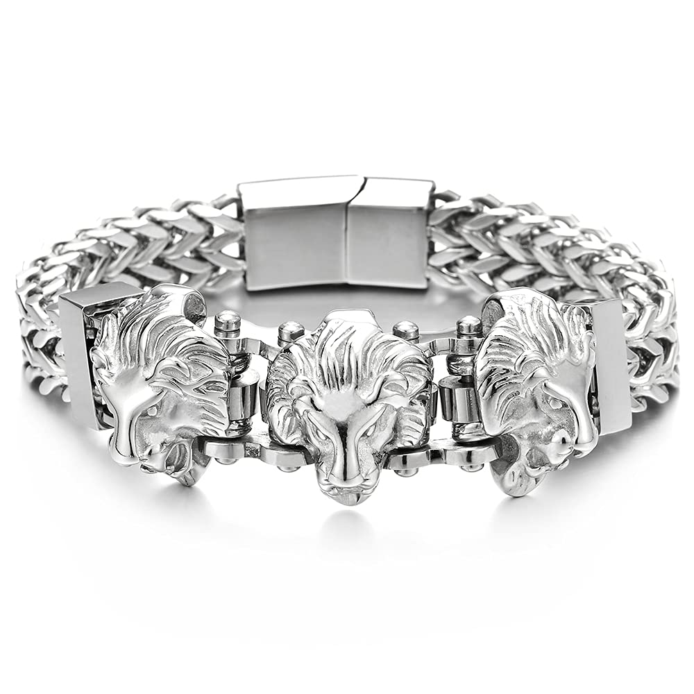 TIONEER Stainless Steel Wolf Head Franco Link Chain Bracelet – 9-9.5 Inch, Spring Clasp – Silver, Black, Gold