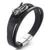 Steel Dragon Head Three-Strand Black Leather Bangle Bracelet with Cotton Rope and Magnetic Clasp - COOLSTEELANDBEYOND Jewelry