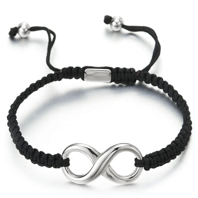 Steel Friendship Infinity Love Number 8 Black Rope Braided Bracelet, Black Wristband Wrap Adjustable - COOLSTEELANDBEYOND Jewelry
