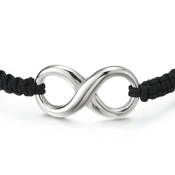 Steel Friendship Infinity Love Number 8 Black Rope Braided Bracelet, Black Wristband Wrap Adjustable - COOLSTEELANDBEYOND Jewelry