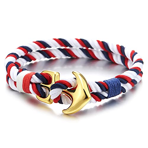 Steel Gold Anchor Two-Row Nautical Sailor Blue Red White Cotton Rope Braided Bracelet Wristband - COOLSTEELANDBEYOND Jewelry