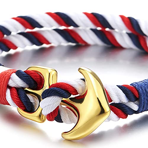 Steel Gold Anchor Two-Row Nautical Sailor Blue Red White Cotton Rope Braided Bracelet Wristband - COOLSTEELANDBEYOND Jewelry