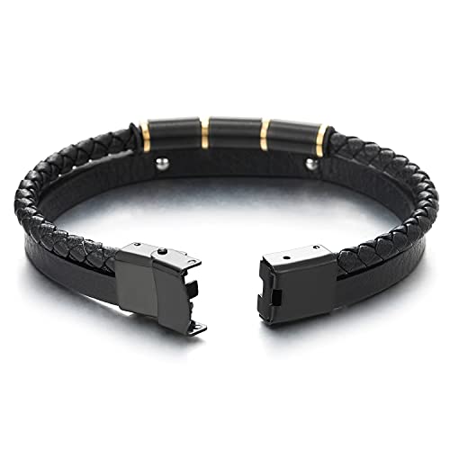 Steel Men Women Black Tube Beads Charm Rivet Oval ID Identification Two-row Black Leather Bracelet - COOLSTEELANDBEYOND Jewelry