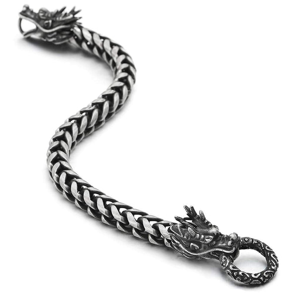 Steel Vintage Dragon Head Square Franco Link Curb Chain Bracelet Spring Clasp, Old Metal Finishing - coolsteelandbeyond