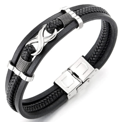 Three-Row Infinity Love Number 8 Friendship Brown Black Braided Leather Bangle Wristband Bracelet - COOLSTEELANDBEYOND Jewelry