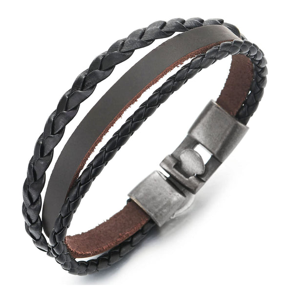 Three-Strand Dark Brown Black Braided Leather Wrap Bracelet for Men and Women
