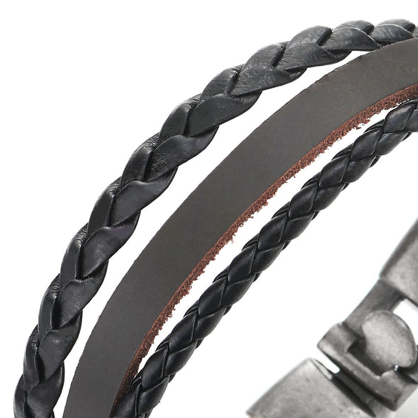 Three-Strand Dark Brown Black Braided Leather Wrap Bracelet for Men and Women