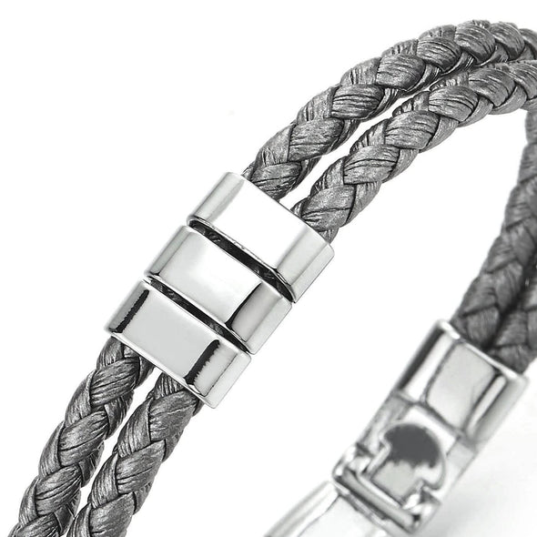 Two-row Silvery Grey Braided Leather Bracelet for Mens Womens, Polished Ornaments - COOLSTEELANDBEYOND Jewelry