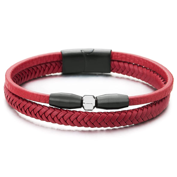 Two-Strand Red Braided Leather Bangle Bracelet with Black Steel Bead Charm, Magnetic Clasp - COOLSTEELANDBEYOND Jewelry
