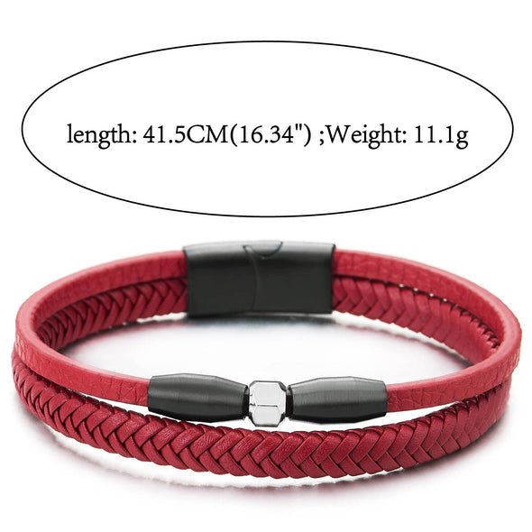 Two-Strand Red Braided Leather Bangle Bracelet with Black Steel Bead Charm, Magnetic Clasp - COOLSTEELANDBEYOND Jewelry