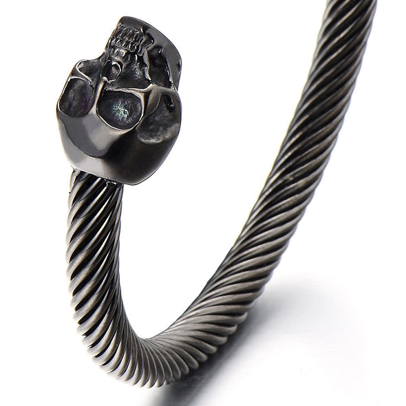 Unique Elastic Adjustable Mens Black Skull Cuff Bangle Stainless Steel Bracelet Polished - COOLSTEELANDBEYOND Jewelry