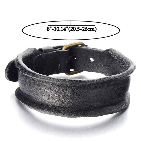 Unique Leather Bracelet for Mens Genuine Black Leather Bangle with Buckle Clasp - COOLSTEELANDBEYOND Jewelry