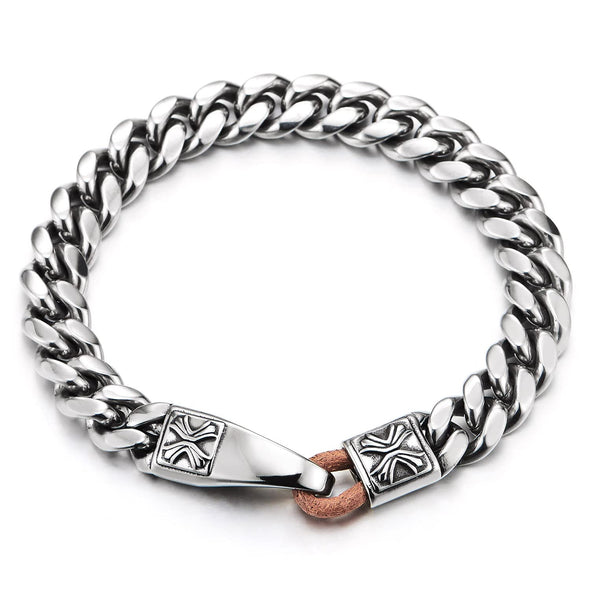 Unique Mens Womens Stainless Steel Curb Chain Bracelet, Hook Clasp with Cross - COOLSTEELANDBEYOND Jewelry