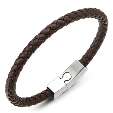 Unisex Mens Women Thin Brown Braided Leather Bracelet Leather Bangle Wristband, Steel Magnetic Clasp - COOLSTEELANDBEYOND Jewelry