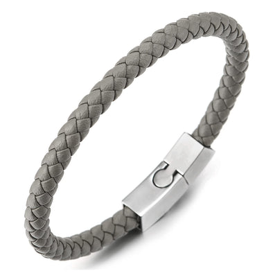 Unisex Mens Women Thin Gray Braided Leather Bracelet Leather Bangle Wristband, Steel Magnetic Clasp - COOLSTEELANDBEYOND Jewelry