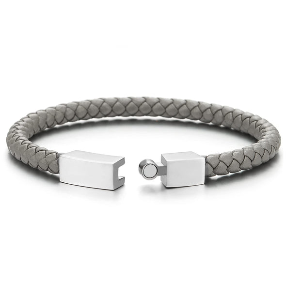 Unisex Mens Women Thin Gray Braided Leather Bracelet Leather Bangle Wristband, Steel Magnetic Clasp - COOLSTEELANDBEYOND Jewelry