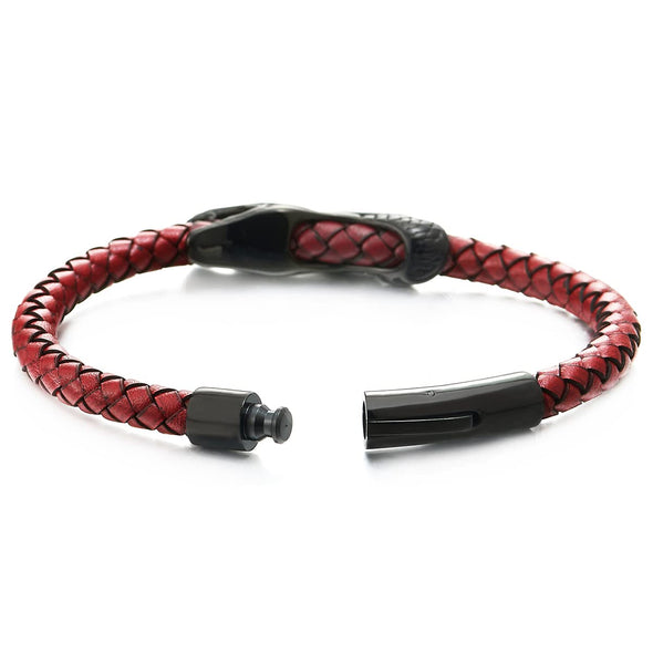 Vintage Black Stainless Steel Dragon Head Braided Red Leather Bangle Bracelet Wristband, Mens - COOLSTEELANDBEYOND Jewelry