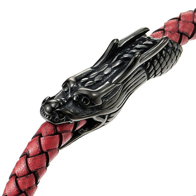 Vintage Black Stainless Steel Dragon Head Braided Red Leather Bangle Bracelet Wristband, Mens - COOLSTEELANDBEYOND Jewelry