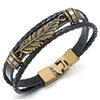 Vintage Feather Leaf Black Braided Leather Bracelet for Men Women, Three-Row Leather Wristband - COOLSTEELANDBEYOND Jewelry