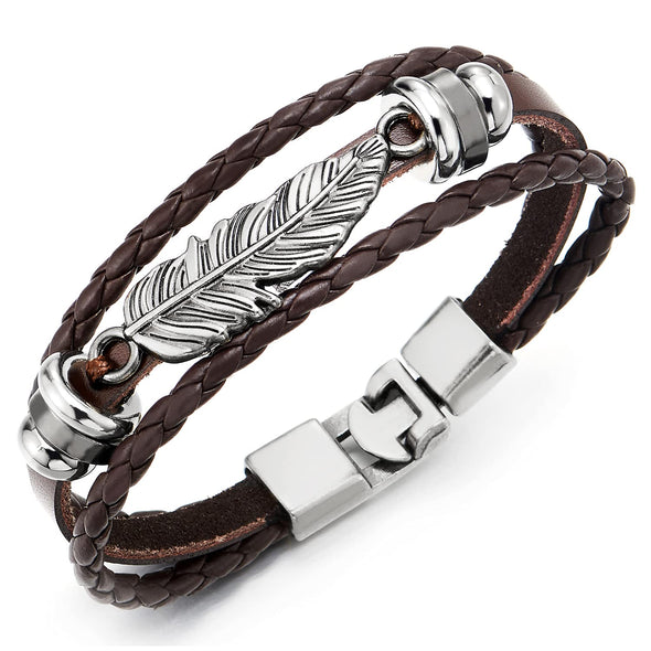 Vintage Feather Leaf Brown Braided Leather Bracelet for Men Women, Three-Row Leather Wristband - COOLSTEELANDBEYOND Jewelry