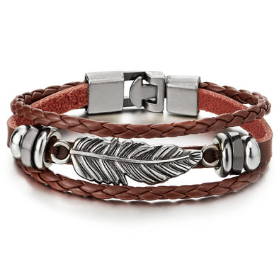 Vintage Feather Leaf Dark Brown Braided Leather Bracelet for Men Women, Three-Row Leather Wristband - COOLSTEELANDBEYOND Jewelry