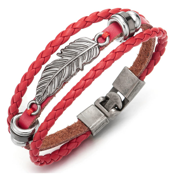 Vintage Feather Leaf Red Braided Leather Bracelet for Men Women, Three-Row Leather Wristband - COOLSTEELANDBEYOND Jewelry