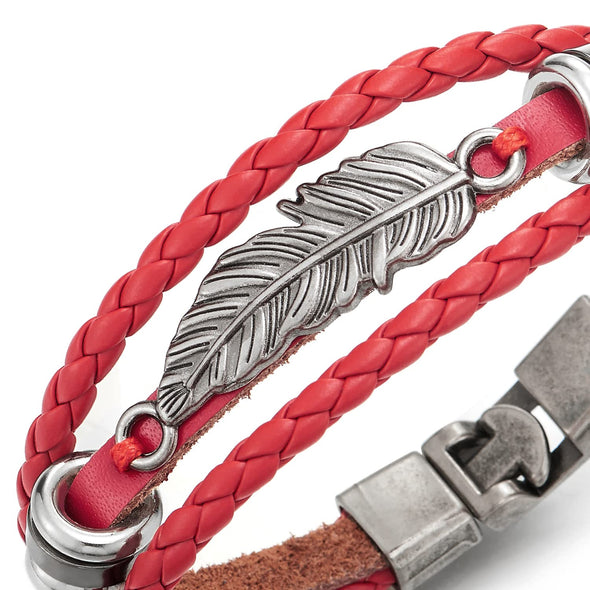Vintage Feather Leaf Red Braided Leather Bracelet for Men Women, Three-Row Leather Wristband - COOLSTEELANDBEYOND Jewelry