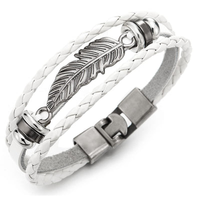 Vintage Feather Leaf White Braided Leather Bracelet for Men Women, Three-Row Leather Wristband - COOLSTEELANDBEYOND Jewelry