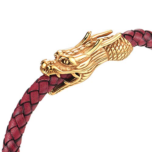 COOLSTEELANDBEYOND Vintage Stainless Steel Dragon Head Braided Red Leather Bangle Bracelet Wristband, Mens - coolsteelandbeyond