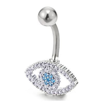 White and Light Blue Cubic Zirconia Pave Evil Eye Belly Chain Belly Button Ring Piercing Navel Ring - COOLSTEELANDBEYOND Jewelry