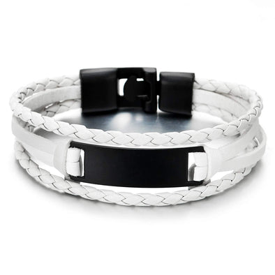 White Braided Leather Bracelet with Black ID Identification, Men Women Three-Row Leather Wristband - COOLSTEELANDBEYOND Jewelry