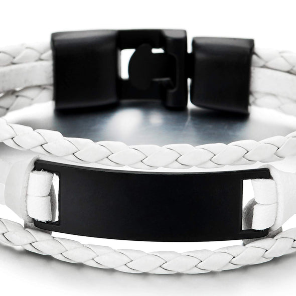 White Braided Leather Bracelet with Black ID Identification, Men Women Three-Row Leather Wristband - COOLSTEELANDBEYOND Jewelry