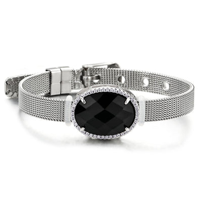 Women Black Gem Stone Bracelet, Grid Mesh Bangle, Buckle Clasp - COOLSTEELANDBEYOND Jewelry
