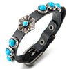 Women Black Leather Bracelet Bangle with Flower and Turquoise Beads Circle Charm , Buckle Clasp - COOLSTEELANDBEYOND Jewelry