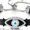 Women Cubic Zirconia Evil Eye Bracelet with Black Leather Strap, Adjustable - COOLSTEELANDBEYOND Jewelry