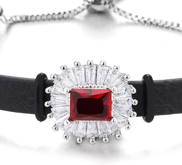 Women White and Red Cubic Zirconia Bracelet with Black Leather Strap, Adjustable - COOLSTEELANDBEYOND Jewelry