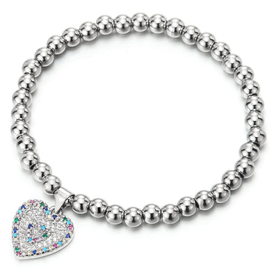 Womens Beads Link Chain Bracelet with Dangling Colorful Cubic Zirconia Heart Charm, Beautiful - COOLSTEELANDBEYOND Jewelry
