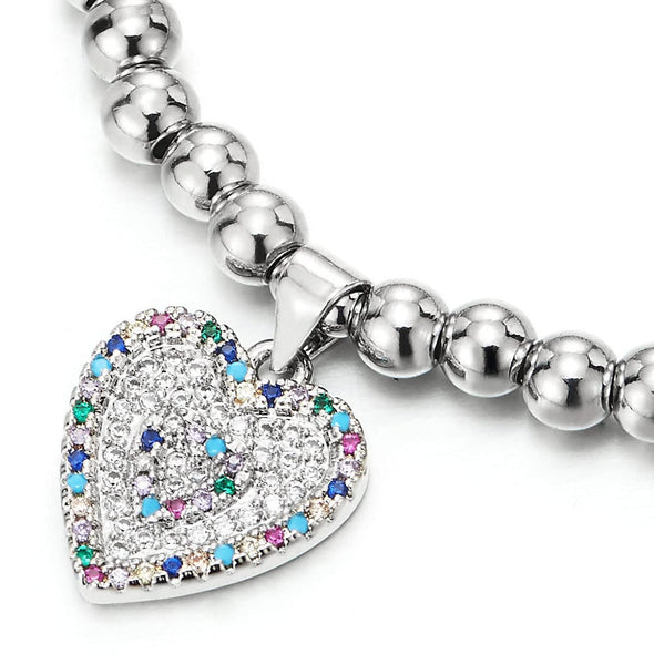 Womens Beads Link Chain Bracelet with Dangling Colorful Cubic Zirconia Heart Charm, Beautiful