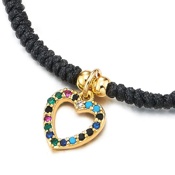 Womens Black Braided Cotton Rope Wrap Bracelet with Colorful Cubic Zirconia Heart Charm, Adjustable - COOLSTEELANDBEYOND Jewelry