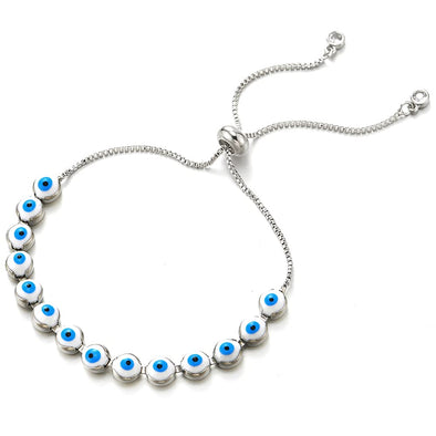 Womens Black White Blue Protection Evil Eye Link Chain Bracelet with Cubic Zirconia , Adjustable - COOLSTEELANDBEYOND Jewelry