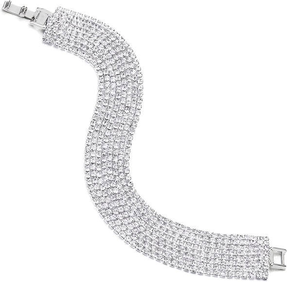 Womens Bling Bling Shinny Crystal Rhinestones Cluster Wide Bangle Bracelet - COOLSTEELANDBEYOND Jewelry
