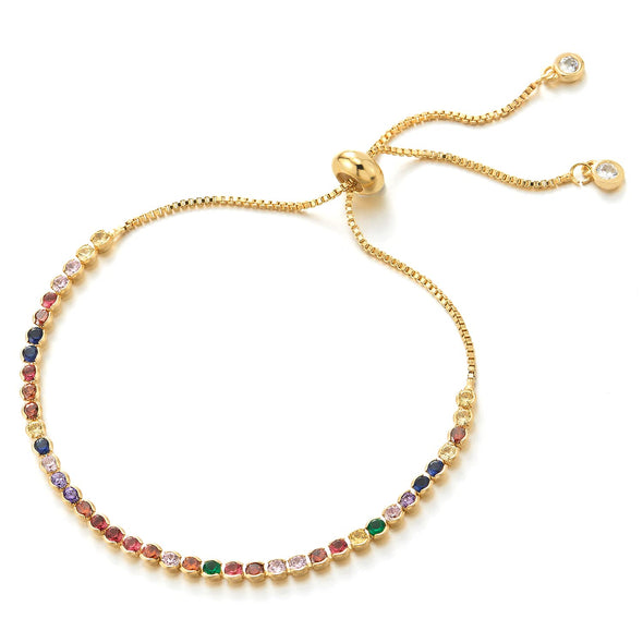 Womens Colorful Cubic Zirconia Pave Gold Color Box Link Chain Bracelet, Adjustable - COOLSTEELANDBEYOND Jewelry